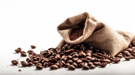 Imported coffee beans and ground coffee in a burlap sack for advertising AI generative 