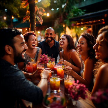 Grupo de amigos felices y sonrientes disfrutando de cockteles  juntos en una reuni&oacute;n 