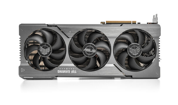 Uzhgorod, Ukraine - September 20, 2023: ASUS TUF Gaming Radeon RX 7900 XT video card, studio photo.