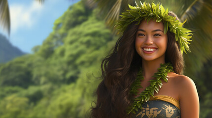 Smiling young Hawaiian woman with long hair outdoors on a hot summer day