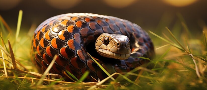 Closeup of a ball python snake on grass closeup of its skin