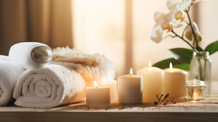 Beautiful spa treatment composition such as Towels, candles, essential oils, Massage Stones on light wooden background. ai generative
