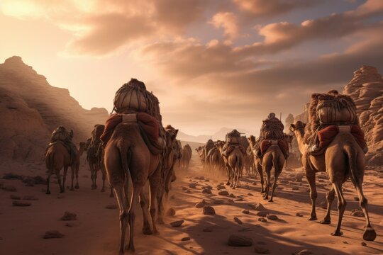 Resilient Caravan camels. Africa travel ride. Generate Ai