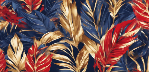 Seamless wallpaper of blue and red leaves. Generative AI.