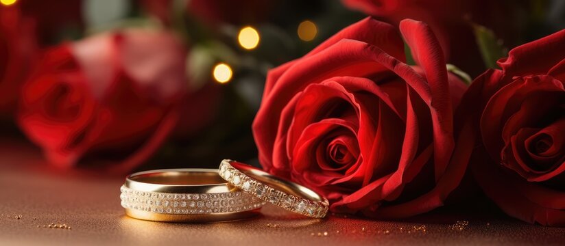 Happy day celebrating love with a golden ring red rose and beautiful bokeh
