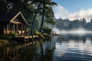 Obraz premium A tranquil morning scene at a lakeside cabin, with the mist rising from the water, invoking a sense of serenity. Generative Ai.