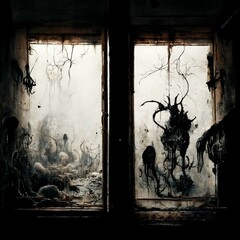 pages of a large book scribbled with demonic language diagrams of cosmic horrors on the walls inside a dark boarded up house its filthy there a flies and rotten meat the walls are covered in insane 