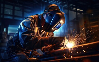 Worker welder performing arc welding. Generative AI