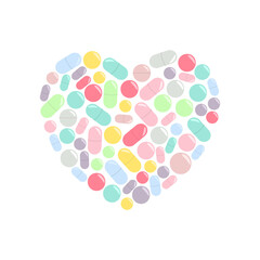 A flat vector cartoon illustration of heart shape formed from pills, tablets, capsules. Isolated design on a white background.