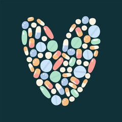 A flat vector cartoon illustration of heart shape formed from pills, tablets, capsules. Isolated design on a white background.