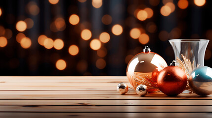 empty christmas table background with christmas decorations