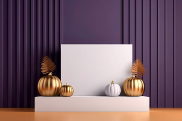 Elegant rectangular white podium for Halloween with gold pumpkins an empty frame, on purple striped paneling background. for product presentation, branding or advertisement