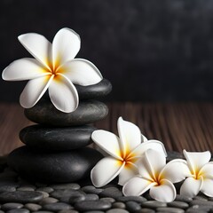 spa or meditation massage therapy center banner of white plumeria white flowers and stack of black stones | Generative AI