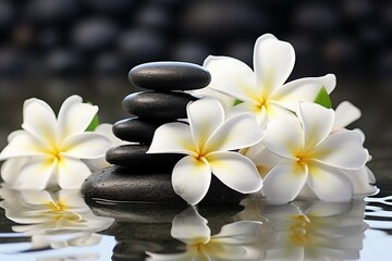Fototapeta na wymiar spa or meditation massage therapy center banner of white plumeria white flowers and stack of black stones | Generative AI