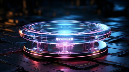 Futuristic hologram portal, magic teleport or level up effect. Glowing neon circle with light sparkles for game. Magic or cyberpunk hologram port with flare and light circle portal, podium