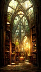 a gothic library building interior cathedral ultrarealistic photorealistic cinematic cool colors nature stained glass windows library environment tall windows cathedral style beautiful ornate 