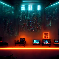 cyberpunk room highly detailed full of compuers screens gaming cables sunrays mystcal objects sanskrit 