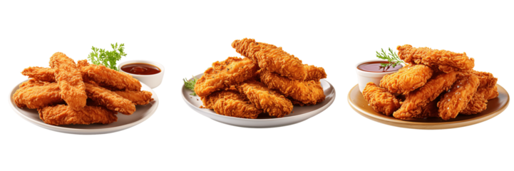 a set of fried chicken strips on a plate isolated on a transparent background