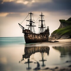 An old and weathered pirate ship anchored in the calm waters of the cove, serving as a secret base for the cunning seafarers who call this home. - obrazy, fototapety, plakaty