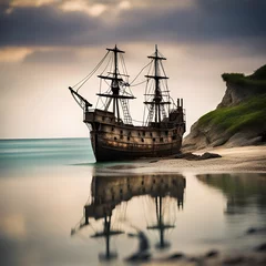 Papier Peint photo Navire An old and weathered pirate ship anchored in the calm waters of the cove, serving as a secret base for the cunning seafarers who call this home.
