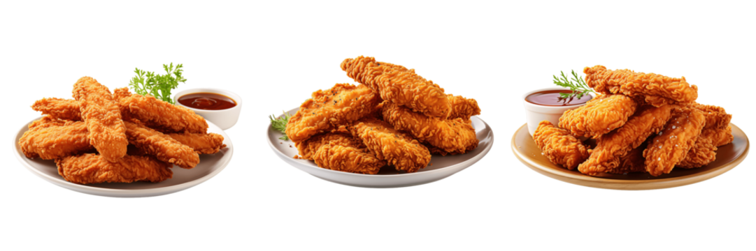 a set of fried chicken strips on a plate isolated on a transparent background