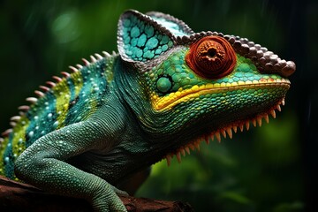 Obraz premium Green chameleon closeup digital. Garden pet. Generate Ai