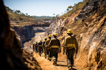 mining workers marching down a dusty road during a rescue mission
