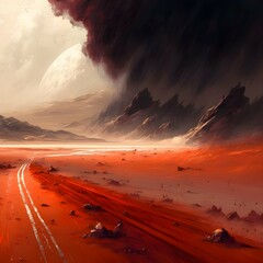 anime art red sand dessert landscape searing flame winds heavy sandstorm red and white accents moody 