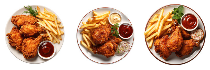 a set of fried chicken with fries and sauces on a plate isolated on a transparent background, top view - obrazy, fototapety, plakaty