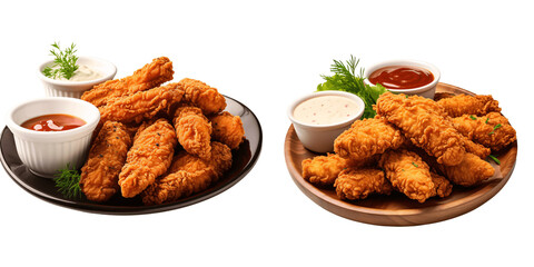 a set of Crispy fried chicken strips with sauces Isolated on a transparent background