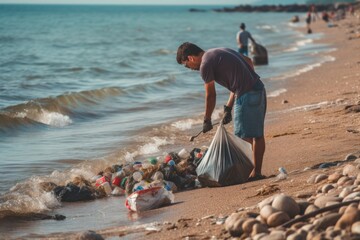 Fototapeta na wymiar A man cleaning up garbage on the seashore