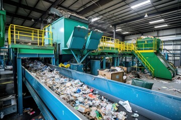 A conveyor belt carrying a large amount of waste in a recycling factory