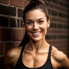 Insanely detailed portrait shot photo of attractive female athlete after a workout smiling background brick wall ultrarealistic photorealistic hyper detailed photography cinematic 50mm lens 14 BPM 