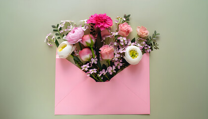 Flowers in open pink envelope. Valentine's, mother's day holiday, wedding and and other occasions. Copy space.