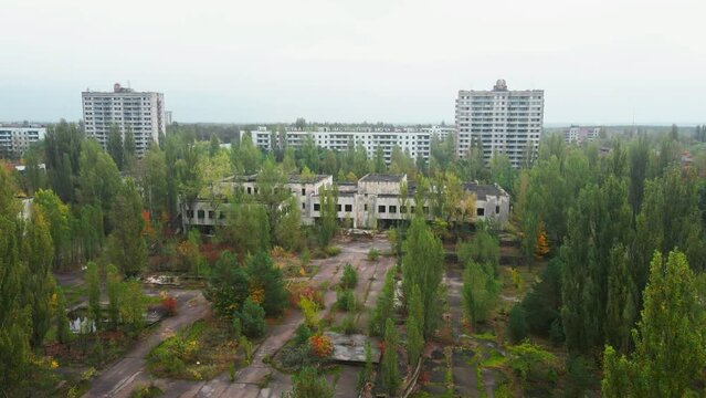 Drone view of Abandoned buildings in the Pripyat City of Northern Ukraine near Chernobyl Nuclear power point.