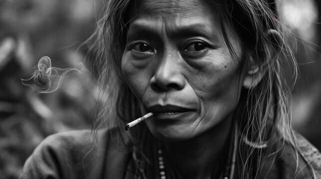 Portrait of fictitious old filipina smoking a cigarette AI generative