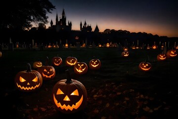halloween background with pumpkins, Amidst the eerie Halloween night, the graveyard comes to life with the soft glow of flickering candles, casting haunting shadows on the ground. 