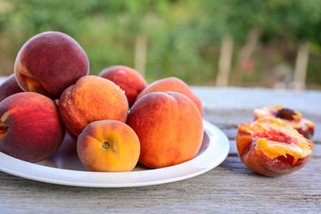 Fresh organic bio peaches on wooden background