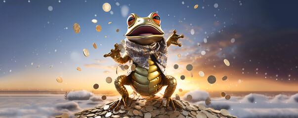 Golden frog. The frog stands on gold coins. Banner. Wallpaper. Copy space. Generated AI. Edited in Photoshop. - obrazy, fototapety, plakaty