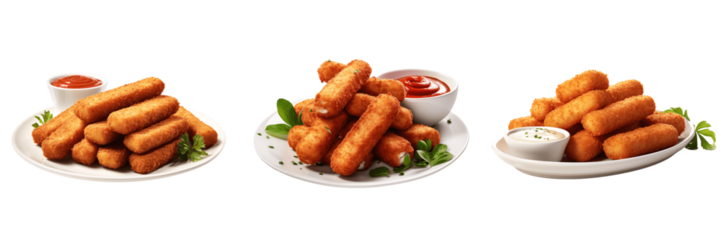 mozzarella sticks with sauces isolated on a transparent background, PNG