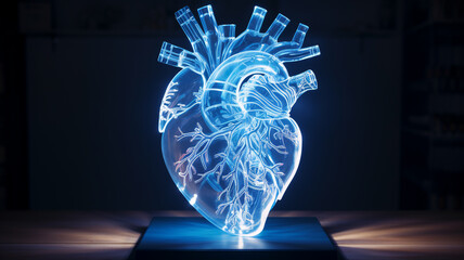 A blue neon hologram of a human heart, an anatomical medical illustration. Transparent glass organ model