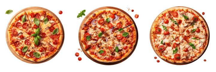Collection of three pizza isolated on transparent background