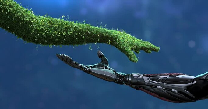 Green technology and AI integration conceptual design, symbol of The Nature as human arm covered with grass and lush touching highly detailed robotic hand, rendered on blue  background