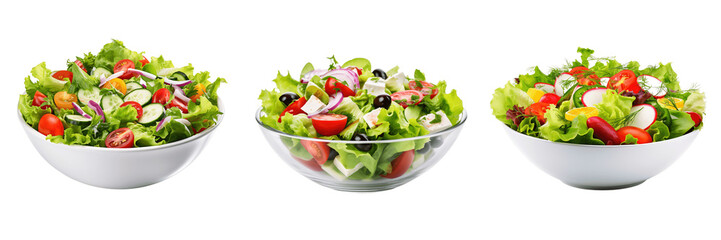 A set of three Yummy salad bowls isolated on a transparent background