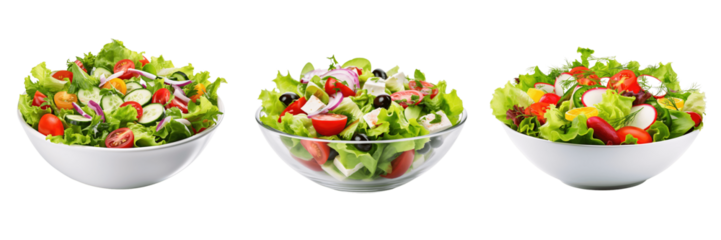 A set of three Yummy salad bowls isolated on a transparent background