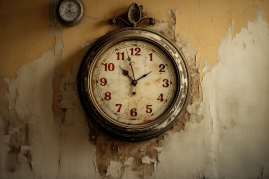 Antique Old clock on brick wall. Retro time concept. Generate Ai
