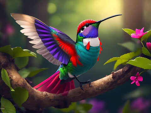 Cute hummingbird bird with colorful plumage and A colorful bird sits on a branch in the forest © Design Desk MRM