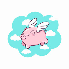 Vector illustration of a cheerful pig taking flight, with wings on its head.