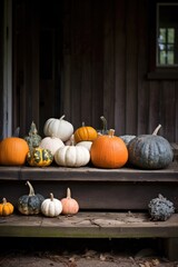Collection of pumpkins in the backyard of farm house. Autumn scenery
