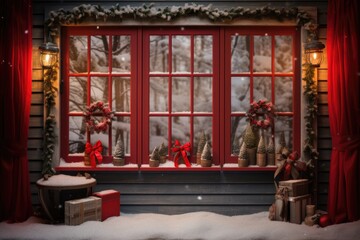 Cristmas backdrop with xmas tree, gifts and red windows - obrazy, fototapety, plakaty